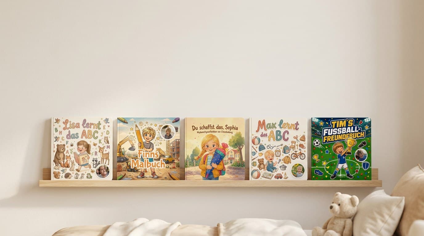 Die personalisierten Kinderbücher von Confetti Prints im Kinderzimmer-Regal