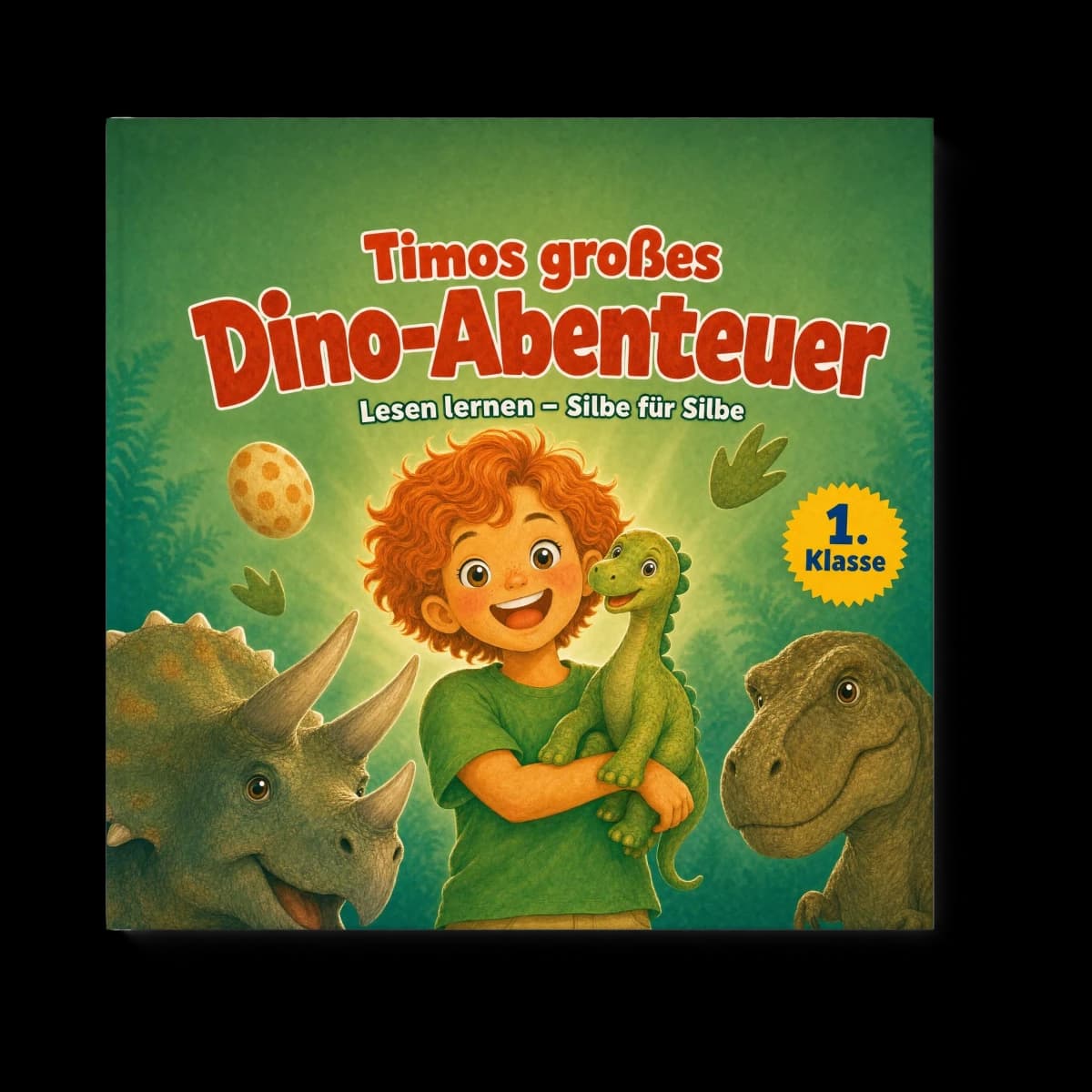 Personalisiertes Dino-Erstlesebuch mit deinem Kind auf dem Cover