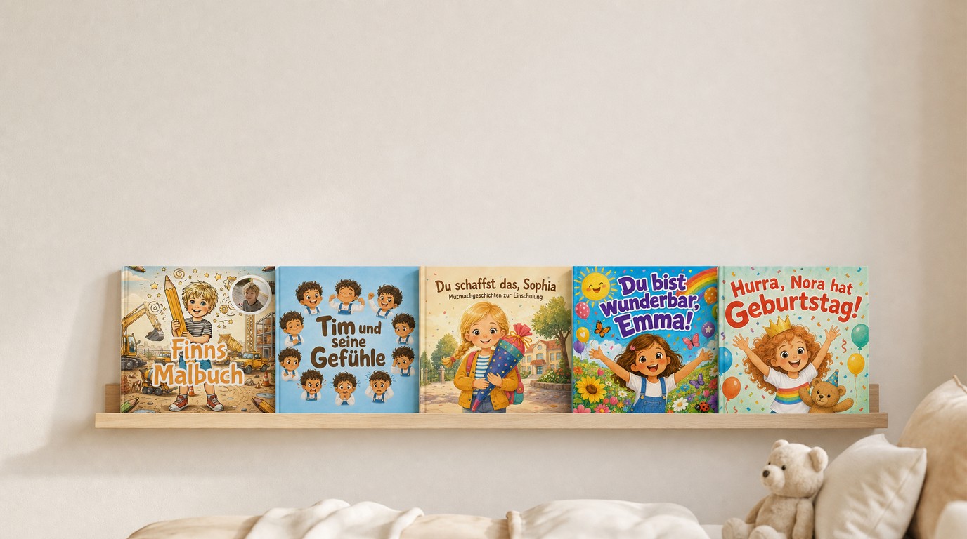 Die personalisierten Kinderbücher von Confetti Prints im Kinderzimmer-Regal