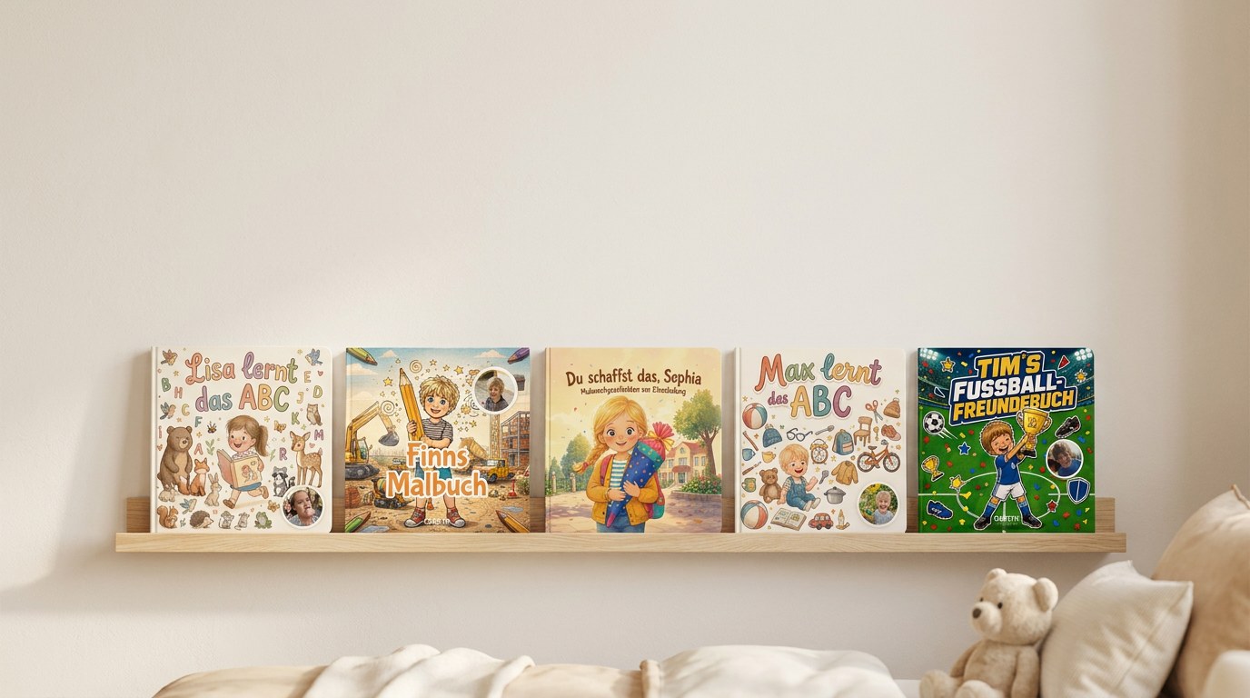 Die personalisierten Kinderbücher von Confetti Prints im Kinderzimmer-Regal