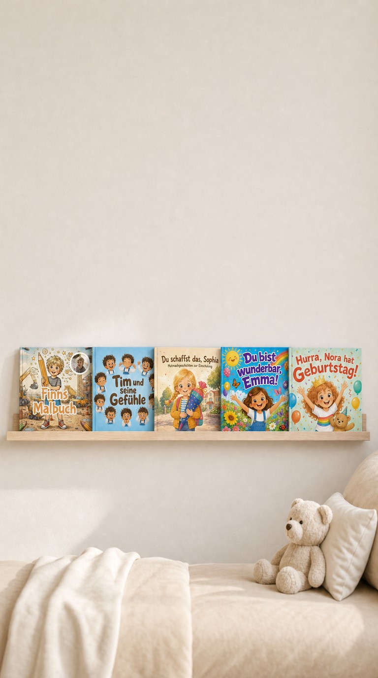 Die personalisierten Kinderbücher von Confetti Prints im Kinderzimmer-Regal